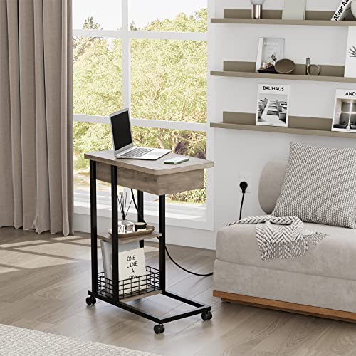 Idealhouse C Shaped Side Table With Charging Station, Flip Top Sofa End Table With Usb Ports And Outlets For Living Room & Bedroom, Narrow Side Table With 3 Tier Storage Shelf For Small Spaces- Grey #TOP3