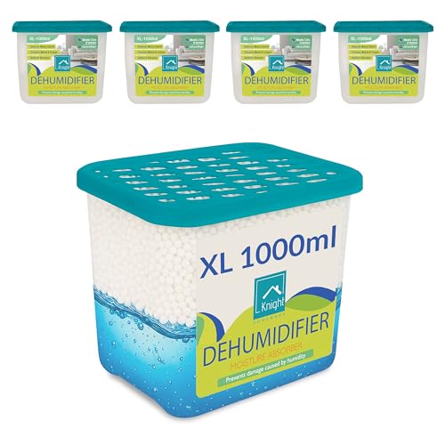 KNIGHT 1000ml 5 Pack Dehumidifier - 1L Moisture Absorber, Long Lasting 90 Days Dehumidifier, Prevents Mould and Condensation caused by Humidity in Home, Kitchen, Caravan & Garage - Patent Design