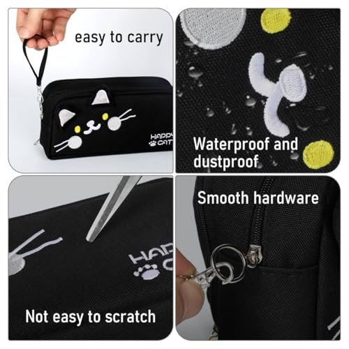 Image of Cat Pencil Case,Kawaii Large Capacity Protable Pencil Pouch Stationery Pen Bag with 5pcs cat bookmarks paper clips Big Storage Organizer for School Office Supplies (Black)
