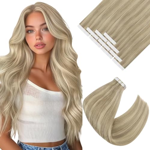 Image of Ve Sunny Hair Tape in Hair Extensions Human Hair Highlights 22Inch Long | Hair Tape Extensions,Instant Highlights,Golden Blonde Highlights Light Blonde,25g 10Pcs,Adhesive Skin Weft,for Daily Wear