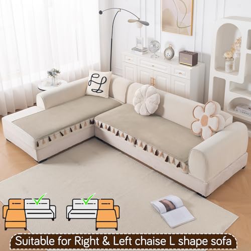Image of HOKIPO Tassel Tone Sofa Cover L Shape 4 Seater Mat, Sand Beige