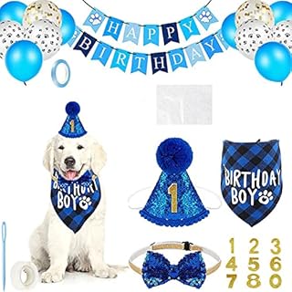 Win-Win Dog Birthday Bandana Hat Banner Set,Cute Party Triangle Cotton Scarf Supplies Presents and Decoration Set for or Puppy Decor(Blue)