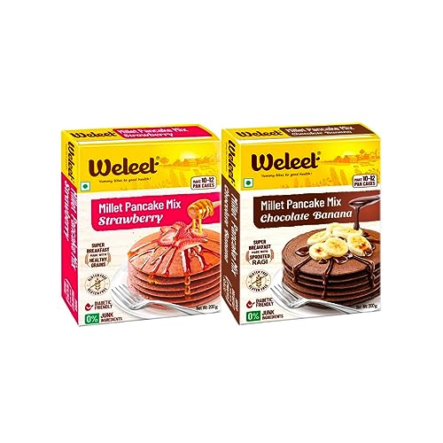 Image of Weleet Millet Pancake Mix Powder Combo | Strawberry & Chocolate Banana Flavour | 0% Maida, Gluten-Free, Diabetic Friendly - 200 gm Each (Pack of 2)