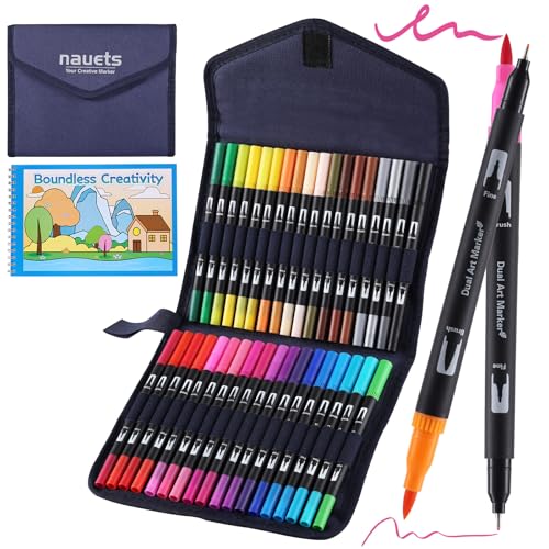 nauets 36 Colors Watercolor Markers with Coloring Book Set Brush & Fine Dual Tip No Bleeding Professional Paint Pens For Drawing Note taking Planner Calligraphy Journaling Card Making Art Supplies