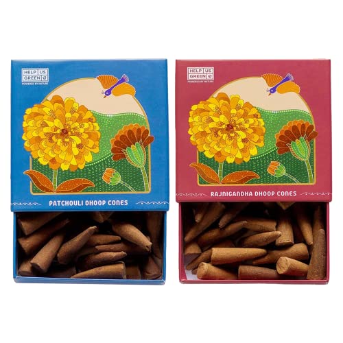Image of Natural Incense Fragrance Patchouli and Rajnigandha Dhoop Cones with Holder (80 pcs) | Havan for Pooja, Home & Festivals I Natural Guggal /Loban Original |Pack of 2 (40 Cones /Pack)