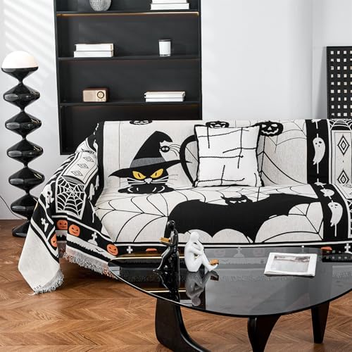 Halloween-Sofa-Schonbezug mit Katzengeistermuster, wendbare Sofabezüge, waschbar, weiche Chenille-Sofadecke, schwarz, dekorativer Couchschutz, 118 x 71 cm Halloween-Sofa-Schonbezug mit Katzengeistermuster, wendbare Sofabezüge, waschbar, weiche Chenille-Sofadecke, schwarz, dekorativer Couchschutz, 118 x 71 cm