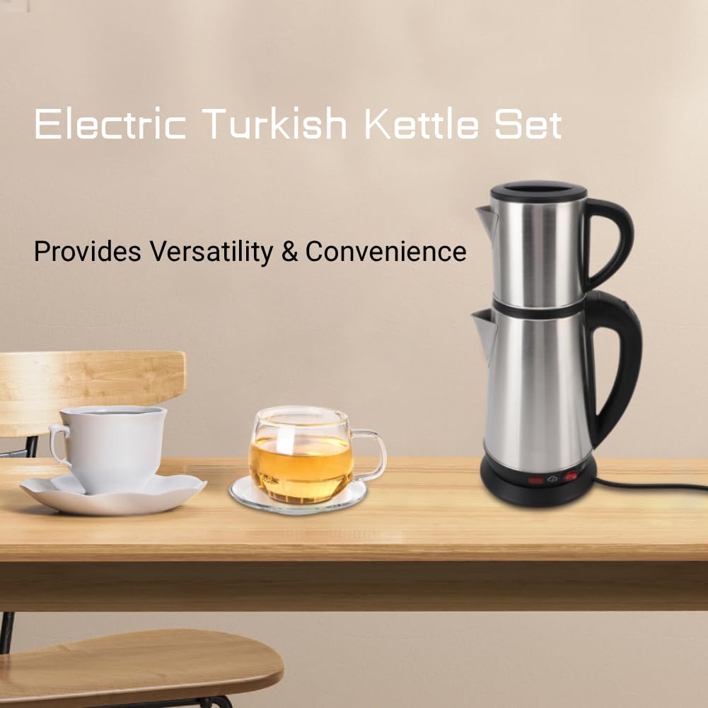 ASHATA Set de Tetera Turca de Acero Inoxidable, Tetera Turca con Infusor y Tapa, 1L y 2L Creador de té de té, Parte de Calefacción Oculta, hasta 12 Tazas, para Casa (Enchufe de la UE 220V)