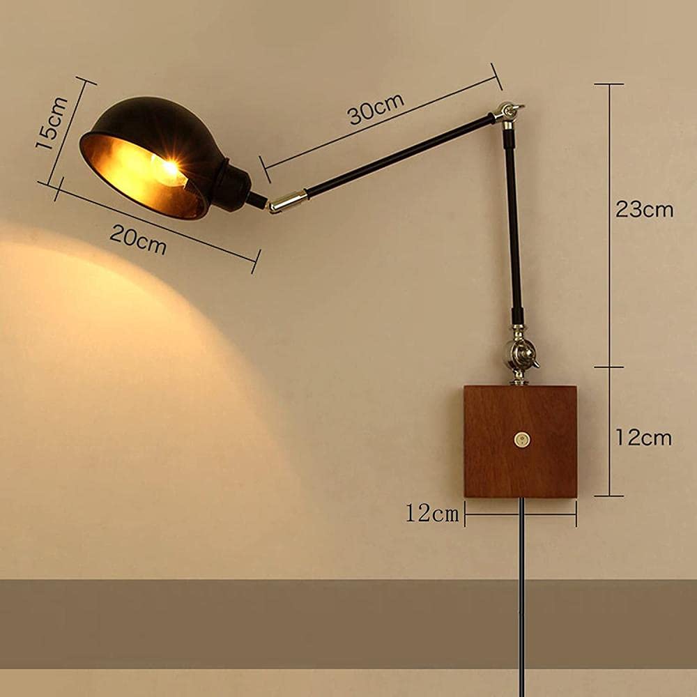 AoLa Verstelbare zwenkarm wandlamp Moderne binnenwandlamp met schakelaar E27 met stekker en snoer Bedlamp Metalen leeslamp voor aan de muur voor slaapkamer woonkamer studeerkamer, zilver,25 * 25