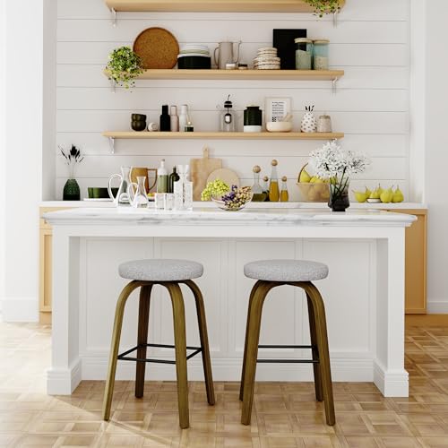 Set de 2 Butacos giratorios, Altura mostrador 30′′, Asiento tapizado en tela gris claro, Patas de madera resistentes y reposapiés metálico, Diseño moderno de mediados de siglo miniatura 1