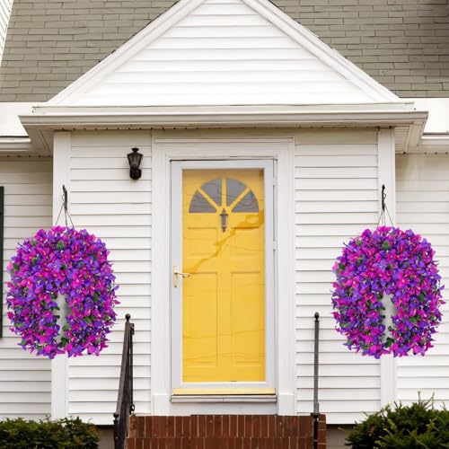 Image of Bassion 2 Pcs Artificial Hanging Bougainvillea for Outdoors, Mix Purple | UV resistant hanging flowers, realistic no fade faux plants, outside planters patio garden yard front door porch decoration