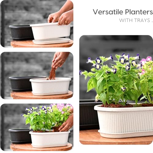 Image of Eha Earth Friendly Regalia 12 Inch Pots and Planters Set of 3 | Bamboo Based, UV Protected | Plant Pots for Indoor & Balcony Window Flower Pots | Sand Castle