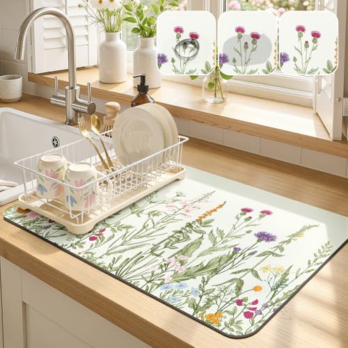 LOKHOM 12"x20" Dish Drying Mat， Wildflower Coffee Mat