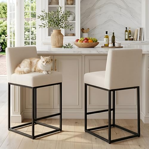 Image of HNY Modern Counter Height Bar Stools Set of 2, Linen Upholstered Kitchen Island Stools with Backrest, 27 Inch Bar Stools with Black Metal Frame, Cream