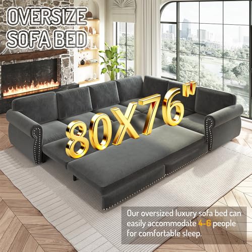 Image of KEIKI 88.2 inch Chesterfield Sleeper Sofa, Chenille Sectional Couch, Dark Gray | L Shaped, Pull Out Bed Design, Nailhead Trim Detail, Rolled Armrest, 5 Seat Seating, Living Room Guest Room Use