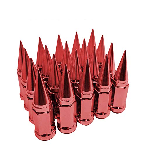 Image of 9 /16-18 Wheel Spike Lug Nuts, Set of 20 Red Lug Nut, Cone /Conical Bulge Seat,Closed End Nuts Extended Spike Tuner Wheel Rim Lug Nuts Tire Screw Refit with 4pcs Aluminum Tires Valve Stem