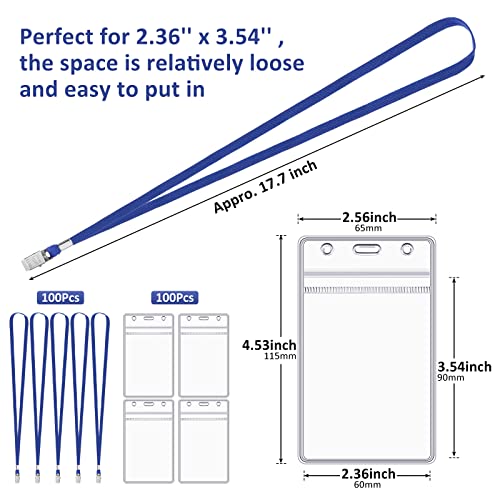 100 Pieces Id Holder Badges Name Tags, Flat Neck Lanyards With Clip Waterproof Clear Plastic Resealable Vertical Id Card Holders (Blue) #TOP1
