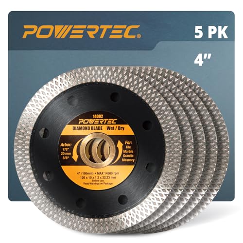 Image of POWERTEC 4 Inch Diamond Saw Blades for Handheld Tile Saw & Angle Grinder 5 Pack, Super Thin Turbo Mesh Rim Blades for Cutting Porcelain, Granite & Ceramic Tile, 4 inch Diamond Blades