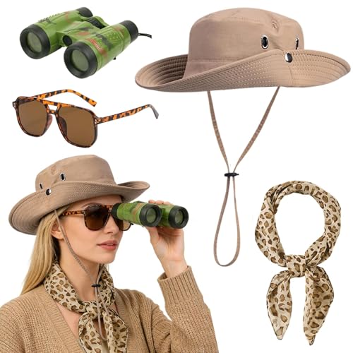 ZXTGBQ 4 PièCes Ensemble D'Accessoires De Costume De Safari Costume D'Explorateur De Gardien De Zoo Avec éCharpe à Imprimé LéOpard, Chapeau De Safari,...
