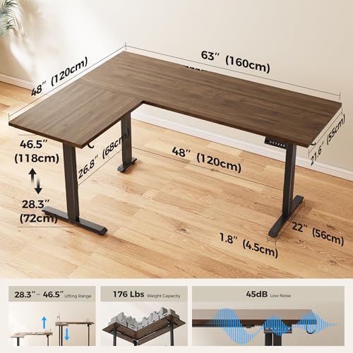Image of Agilestic L Shaped Standing Desk 63 inch Adjustable Height, Electric Corner Standing Desk, Sit Stand Computer Table with Splice Board, Dark Walnut