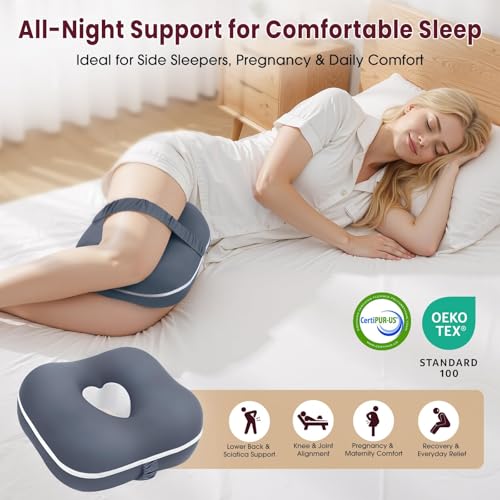 DownyCloud Memory Foam Knee Pillow for Side Sleepers, Supportive Leg Pillow with Heart Cutout Design and Adjustable Strap, Contoured Between Knees Pillow for Side Sleeping, Alignment Support, Gray — view 2
