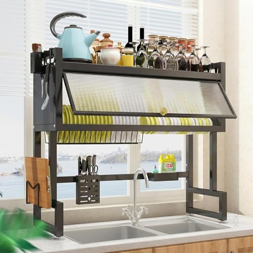 SOONHUA Over Sink Dish Drying Rack with Dust Cover