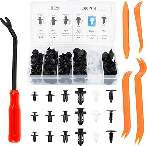Clips Voiture, 100Pcs Rivet Plastique, Rivet Clips Plastique, Clip de Fixation pour Voiture, Multi Formes et Tailles Universel pour Auto Voitures Panneaux de Portes avec 4 Outil de Suppression Cover