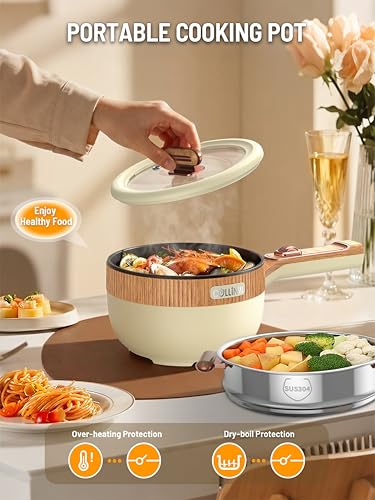 Image of Electric Hot Pot 1.5L Mini Portable Electric Pot Dual Power | Electric Cooking Pot with Saute Frying Functions for Ramen Pasta Steak Eggs Soup for Dorms Small Kitchen Camping RV Travel