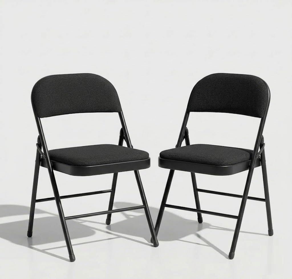SuperGift.com 2x Black Fabric Padded Folding Chair with Backrest, Heavy Duty Steel Frame Foldable Chair for Home, Garden, Office and Desk Use