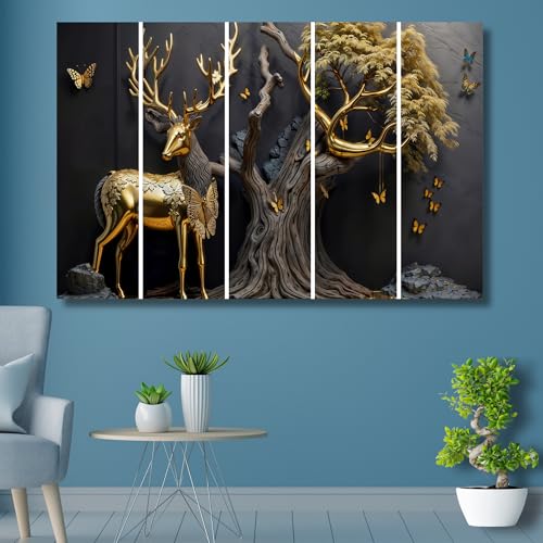 Image of Golden Deer Wall Painting Set of 5 | MDF Wall Art with Sparkle Lamination | Big Size Vastu Deer Painting for Wall Decoration | Home Decor & Wall Decor for Living Room, Bedroom, and Office