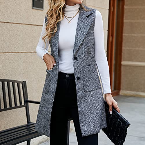 Scofeel Women's Long Cardigan Vest Casual Plaid Open Front Sleeveless Blazer Trench Coat Jacket Us Medium, Grey #TOP3