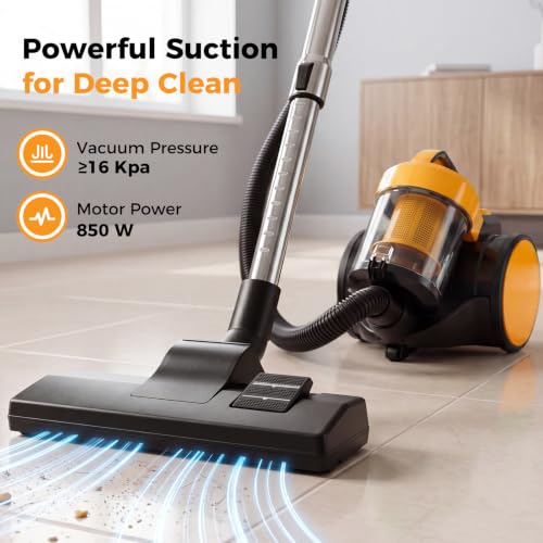 Image of NEWBULIG Canister Vacuum Cleaners for Home, Bagless Vacuum Cleaner, Yellow | 850W 16Kpa Suction, 12.14 ft Retractable Cord, Washable HEPA, 1.8L Large Dust Cup for Hard Floor & Carpet