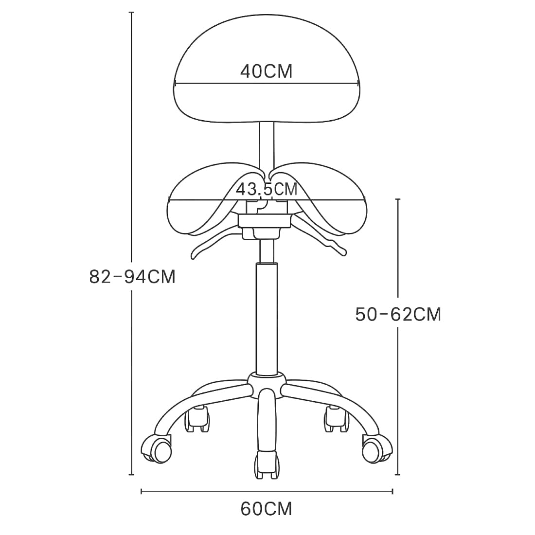 Spacetronik Sattelhocker mit Verstellbarer Rückenlehne, Zweigeteilter Ergonomischer Sattelsitz, Höhenverstellbar 50–62 cm, Rollhocker mit Metallbasis und 5 Weichrollen