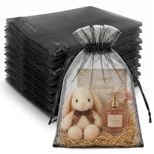 Image of Crweety Large Black Organza Bags 8x12 Inch 50 Pcs, Small Mesh Gift Bags Drawstring for Jewelry Bracelet Packaging, Premium Sheer Gift Pouch for Candy, Wedding Treat, Party Favor & Graduation Gifts