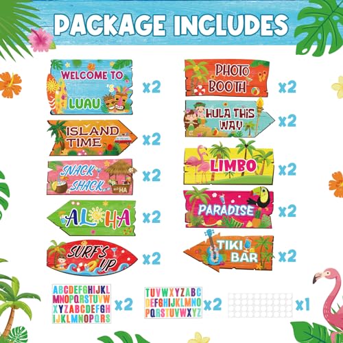 Image of 20 Pieces Luau Party Decorations Hawaiian Party Welcome Sign Summer Tropical Party Direction Signs for Fiesta Hawaiian Luau Tiki Themed Birthday Wedding Party Supplies with 2 Sheet Stickers