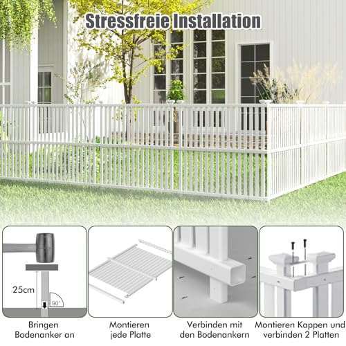 COSTWAY Gartenzaun 2-teilig, 114 cm hoch, Zaun mit Pfosten & Schutzkappen, PVC Sichtschutzzaun, Steckzaun Zaunelementen, Freistehender dekorativer Zaun, Sichtschutz für Garten & Terrasse, Weiß