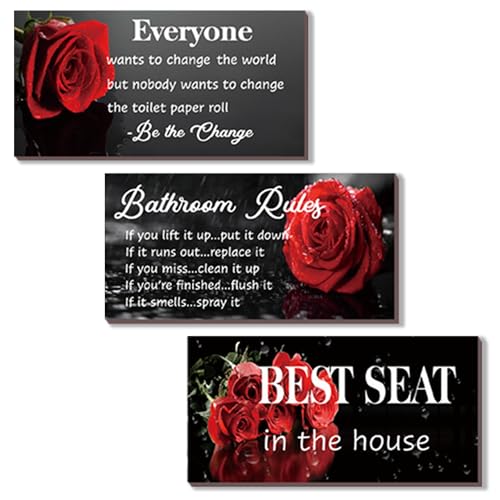 DONFENTHY 3 Pcs Red Bathroom Rules Decor Rustic Farmhouse Wooden Best Seat in The House Rose Hanging Wall Art Toilet Bathroom Accessories(Red 10x5)