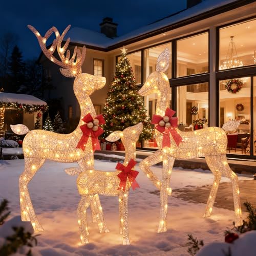 3-Piece Lighted Christmas Deer Family - HOLILITE 4.5ft 3D Pre-Lit Reindeer Outdoor Decorations with 210 LED Lights Yard/Garden/Patio Holiday Display - Gold