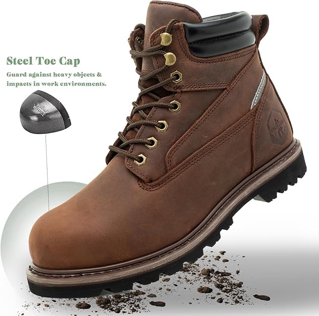 Image of Steel Toe Work Boots for Men 6 Inch Waterproof Non Slip Rubber Comfort Leather Safety Durable Industrial Construction Boots