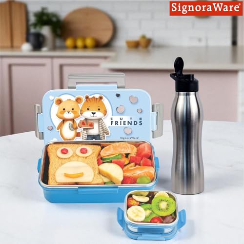 Image of Signoraware Delight C Nugget Stainless Steel Printed Lunch Box Set for Kids | Airtight Lid With Clip Lock | Compact & Sleek Size | Great for Picnic & Outdoors (700ml + 130ml + 750ml Bottle | SkyBlue)