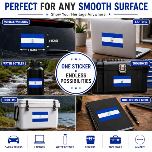Image of Nicaragua Vinyl Flag Stickers, Car Decals, Waterproof Indoor Outdoor, Laptop Stickers, Car Bumper, Nicaraguan Flag, 5 x 3 Inches, Set of 3