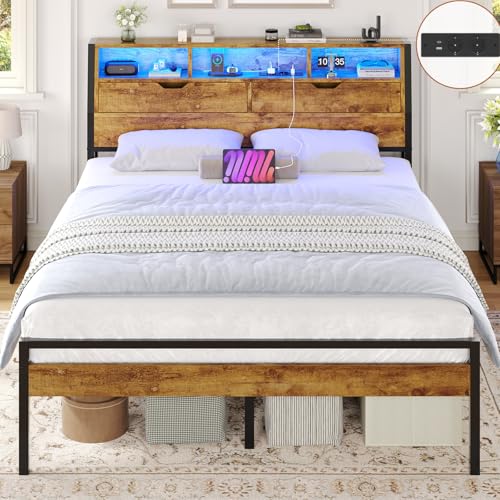 Brinlawb Bett 120x200 mit Lattenrost aus Metall Bettrahmen mit LED Beleuchtung und Steckdose, Bettgestell 120x200 cm mit Holzkopfteil, 2 Schränke mit Türen, Jugendbett mit Stauraum, Modern, Braun Brinlawb Bett 120x200 mit Lattenrost aus Metall Bettrahmen mit LED Beleuchtung und Steckdose, Bettgestell 120x200 cm mit Holzkopfteil, 2 Schränke mit Türen, Jugendbett mit Stauraum, Modern, Braun