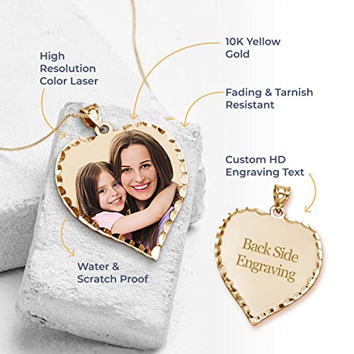 Personalized Engraved Picture Necklace Heart Shaped Custom Photo Pendant/Photo Customized Necklace/Photo Necklace With Picture Inside Personalized Photo Necklace Diamond Cut Edge - 3/4 Inch X 3/4 Inch (10K Yellow Gold, Photo W/ Backside Engraving) #TOP1