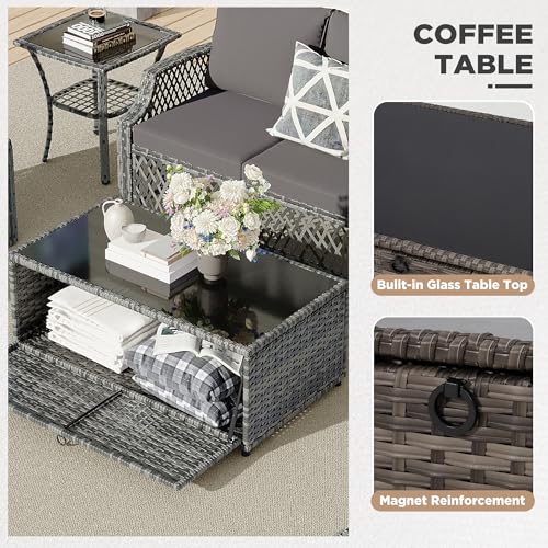 Image of HOMREST 3 Piece Patio Rattan Ottomans Set，Outdoor PE Wicker Footstool w /Removable Cushion, Storage Coffee Table & Multipurpose Footrest Stool for Porch, Poolside, Garden, Deck(Gray)