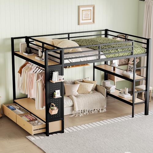 Image of Bellemave Queen Size loft Bed with Wardrobe and Storage Shelves and Pegboard Drawers, Metal Queen Loft Bed Frame for Adults, Kids, Teens, Black