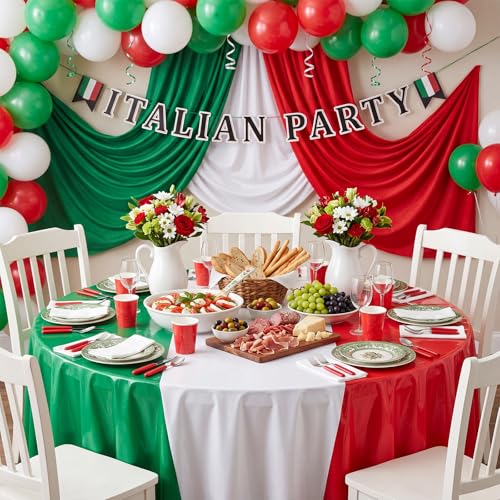 Image of Hahafelt 6 Pcs Italian Flag Plastic Tablecloth 84 Inch Round Red White and Green Disposable Table Cover Italy Circular Table Cloth for Italy Family Gathering Kitchen Decoration