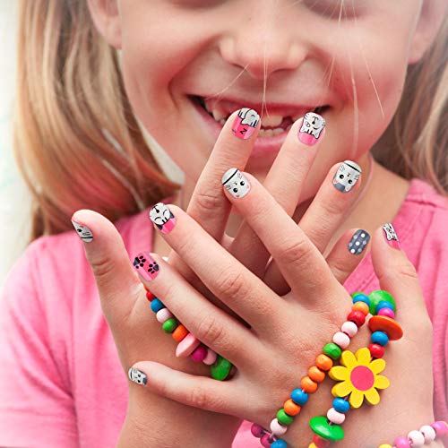 140 Pieces Children Nails Kids False Nails Girls Cartoon Press on Fake Nails Colorful Pre-Glue Full Cover Nails Cute Short Acrylic Artificial Nail Tips Kits for Kids (Cat) - Thumbnail 5