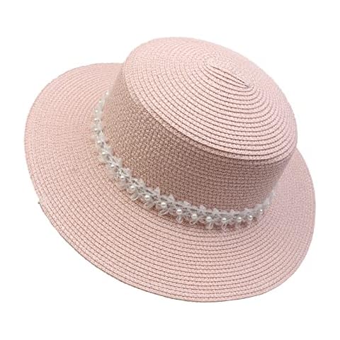 JK Home Wide Brim Flat Top Beach Hats w/Lace Pearl Band for Women Sun Foldable Straw Hat UPF 50+ Summer Panama Cap Light Pink Cover