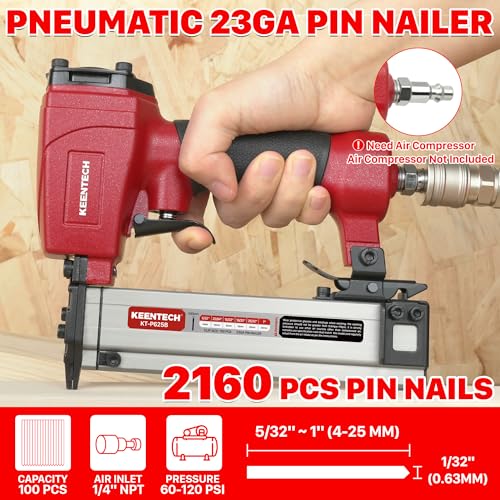 Image of KEENTECH Pneumatic Pin Nailer 23 Gauge, Pin Nail Gun with 2160pcs 5 /32 inch to 1 inch Pin Nails, Headless Air Micro Pinner with Exceptionally Low Jam Rate for Cabinets, Interior Decoration, Windows, Crafts