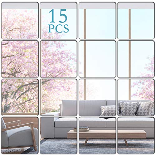 KimDaro 15 Pieces Flexible Mirror Wall Stickers Set Removable Acrylic Mirror Circle Self Adhesive Plastic Mirror Decal for Home Decor (Square)