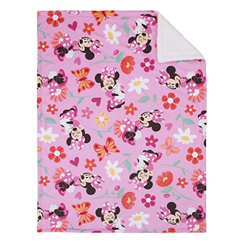 Image of NoJo Disney Minnie Mouse Springtime Flowers Pink Orange, Green, and White Super Soft Sherpa Baby Blanket